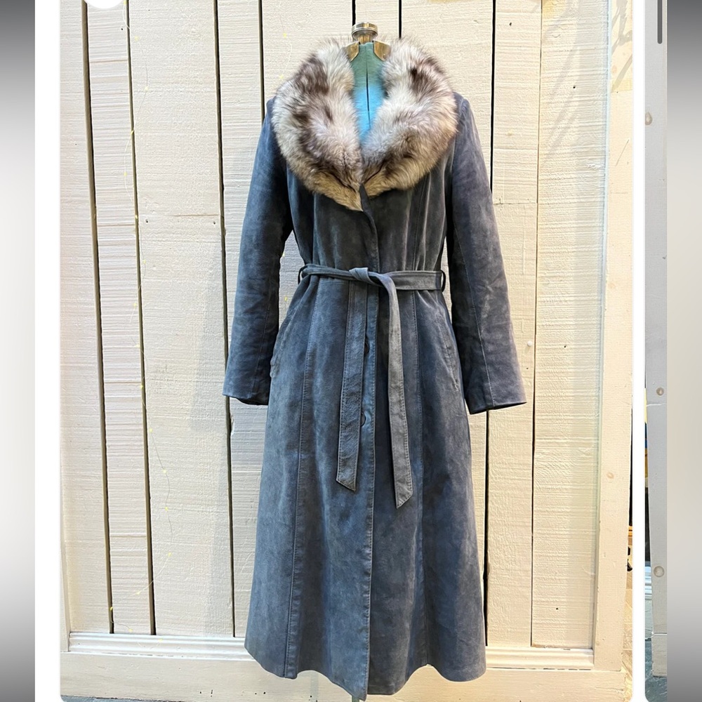 Vintage Leather Attic Blue Suede and Fur Collar Coat